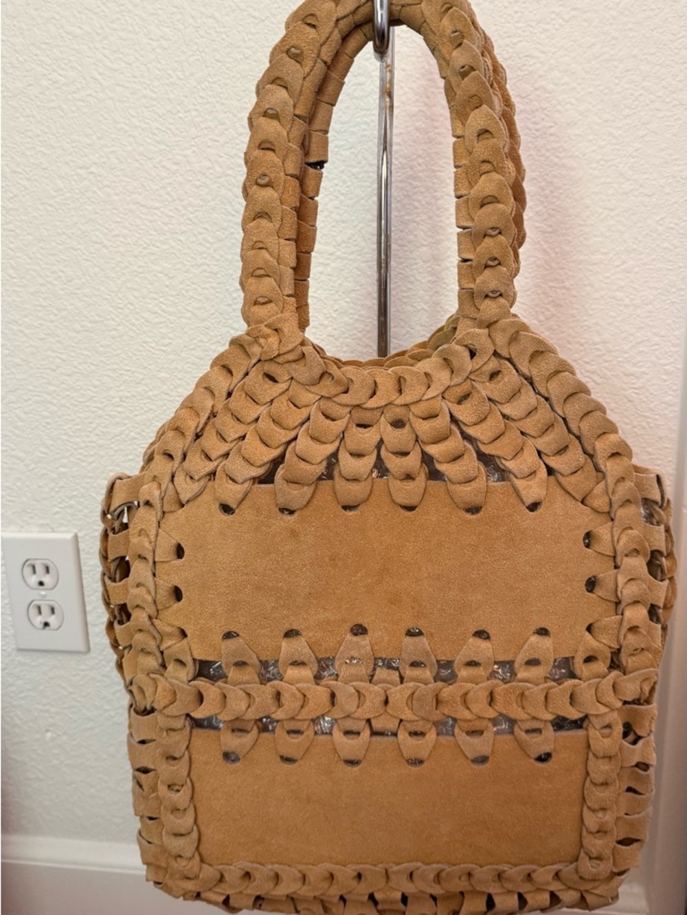 Braided Genuine Suede Tote Bag in Tan - Picture 2 of 3